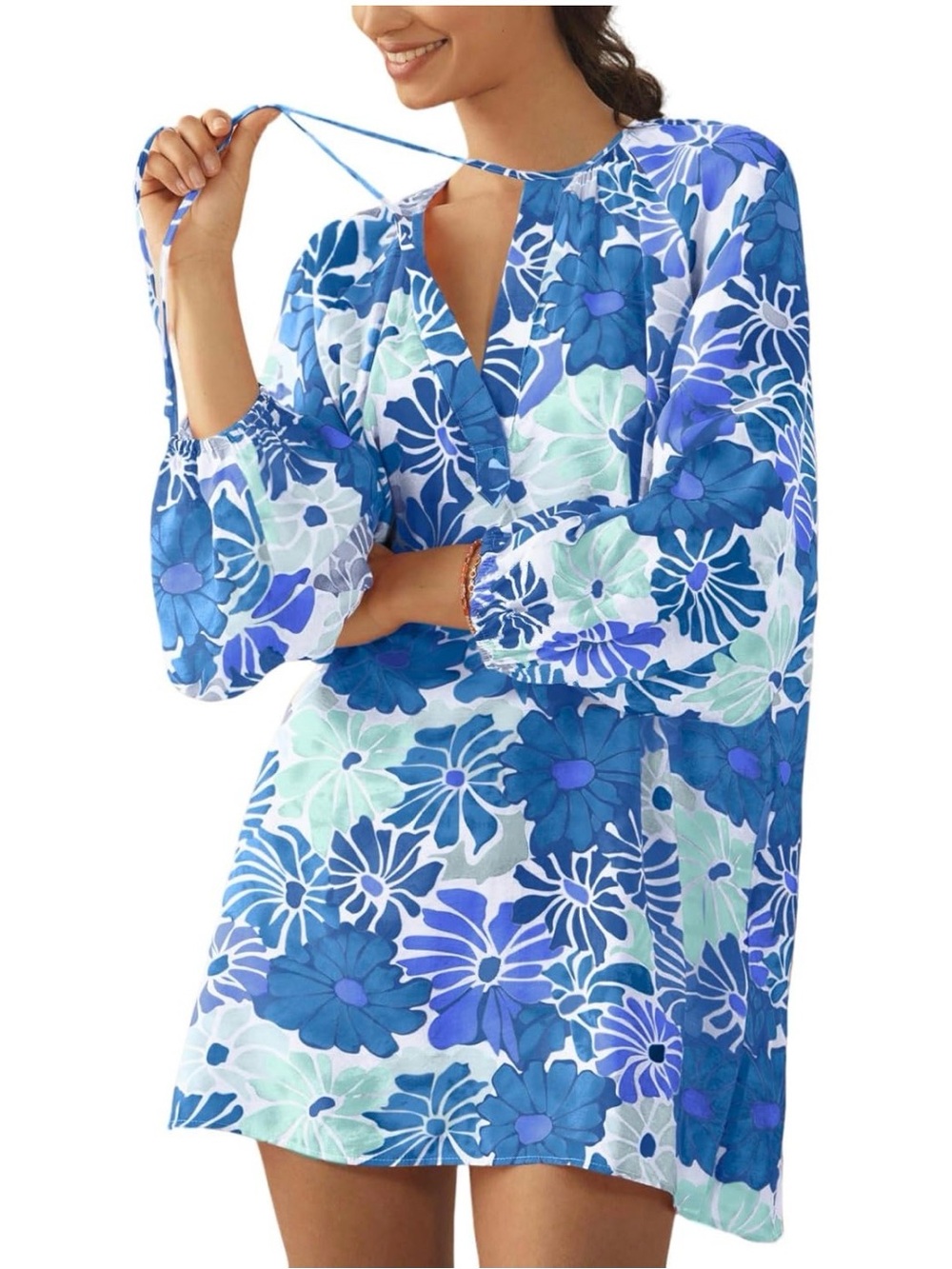 Blue Floral Tie-Neck Tunic Dress